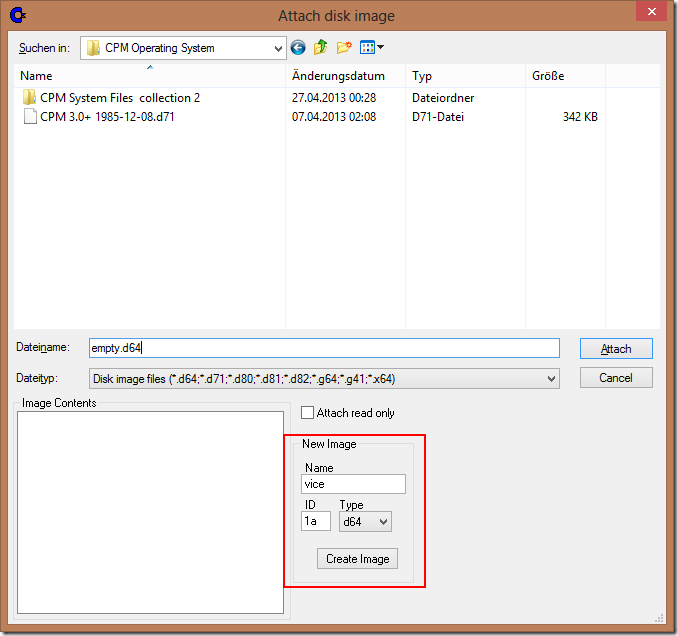 Attach disk image dialog - VICE